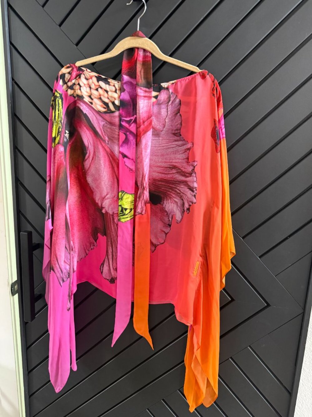 Robert Cavalli Silk Floral Print Kaftan Poncho Top Tie Front Pink Orange OS - Picture 6 of 6
